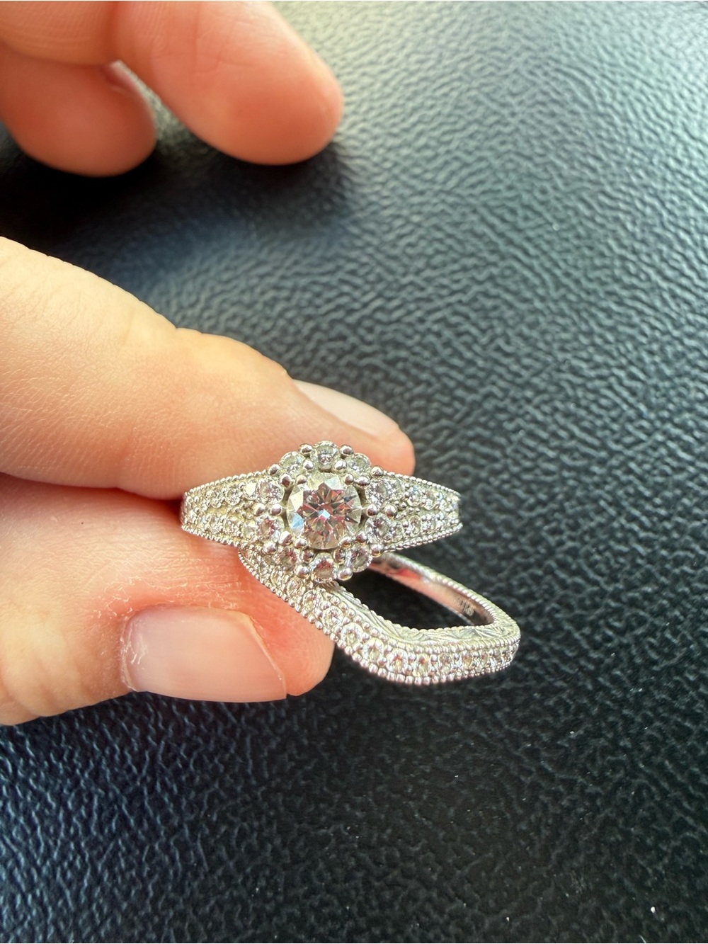Round Halo Engagement Ring Set with Pavé Band